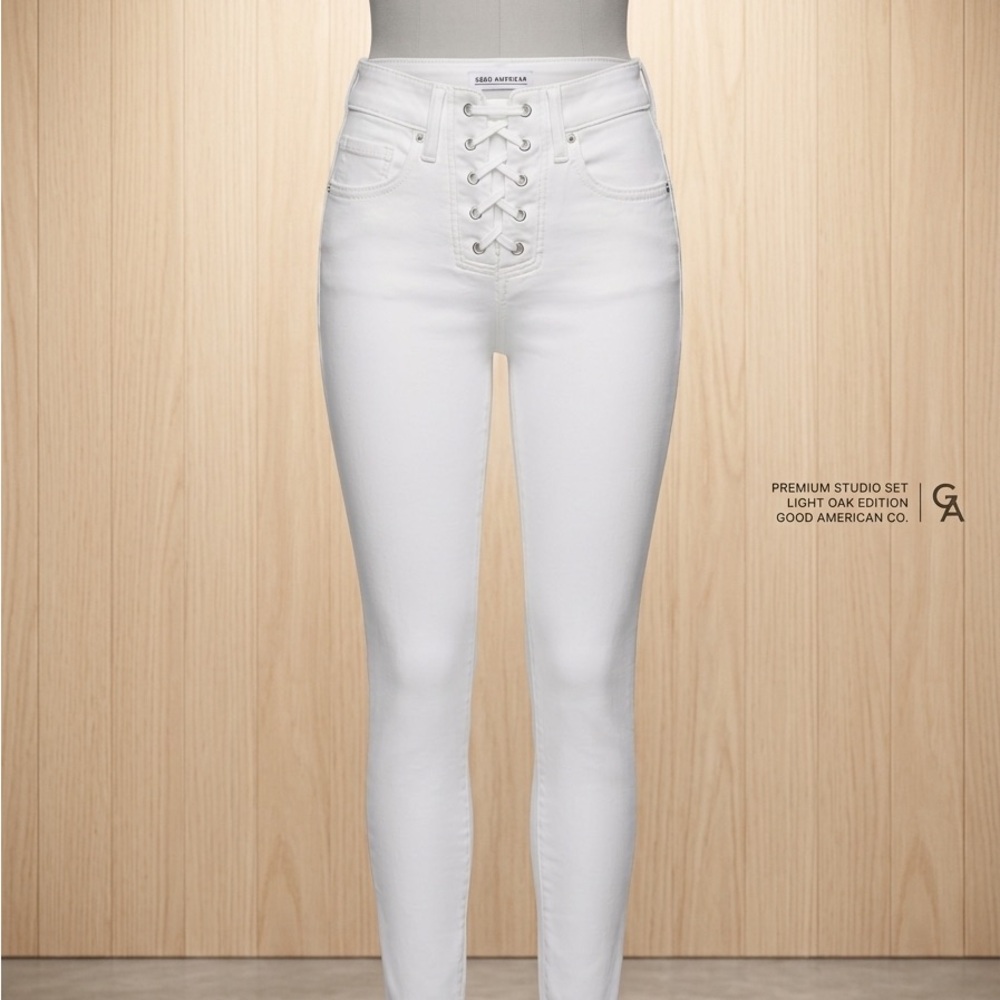 Good American Women's High Rise White Lace-Up Jeans